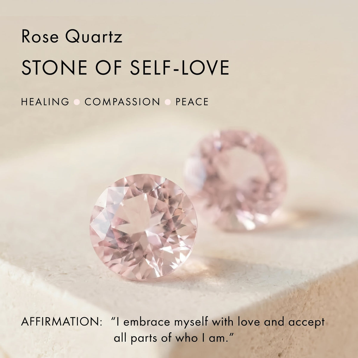 Product info card displaying rose quartz gemstones with text highlighting healing, compassion, and peace.