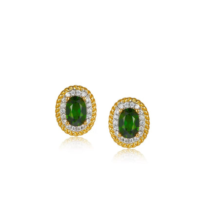 Pair of Awakened Time Imperial Forest stud earrings with oval green chrome diopside stones, sparkling cubic zirconia halos, and gold twisted rope borders on a white background.