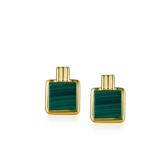 Pair of Arcadia square malachite stud earrings set in 18k gold vermeil against a plain white background.