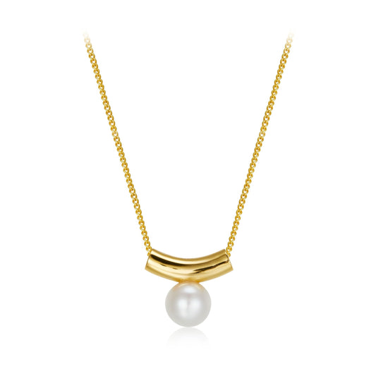 Awakened Time Arc de Lune necklace in 18ct gold vermeil featuring a crescent arc cradling a natural freshwater pearl.