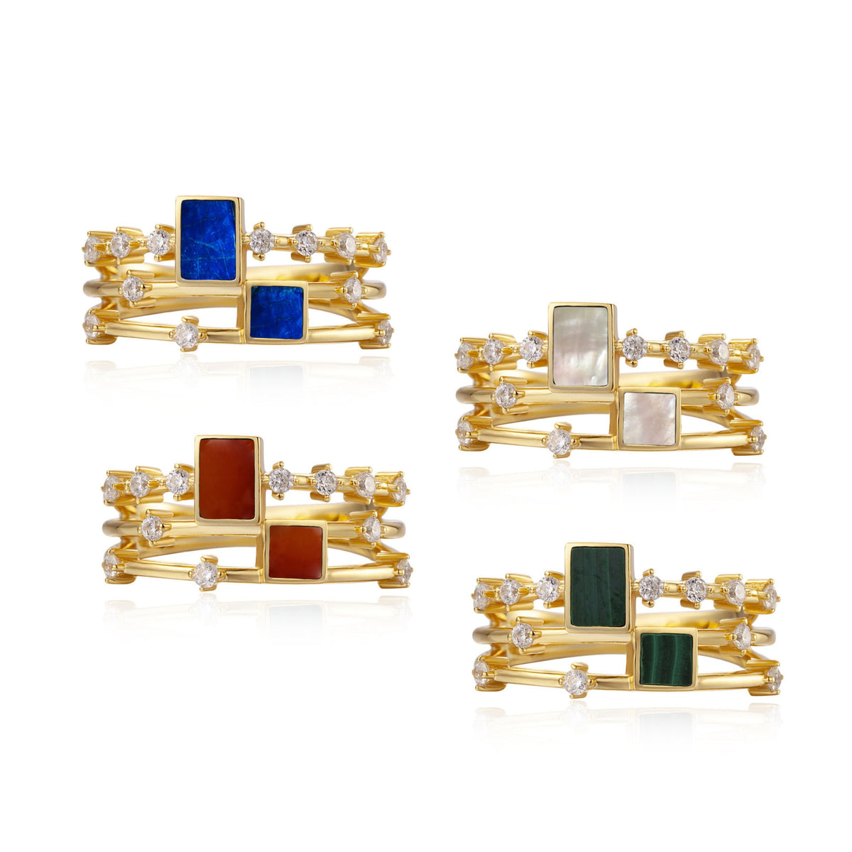 Awakened Time gemstone trio ring collection displayed in all stone and color variants.
