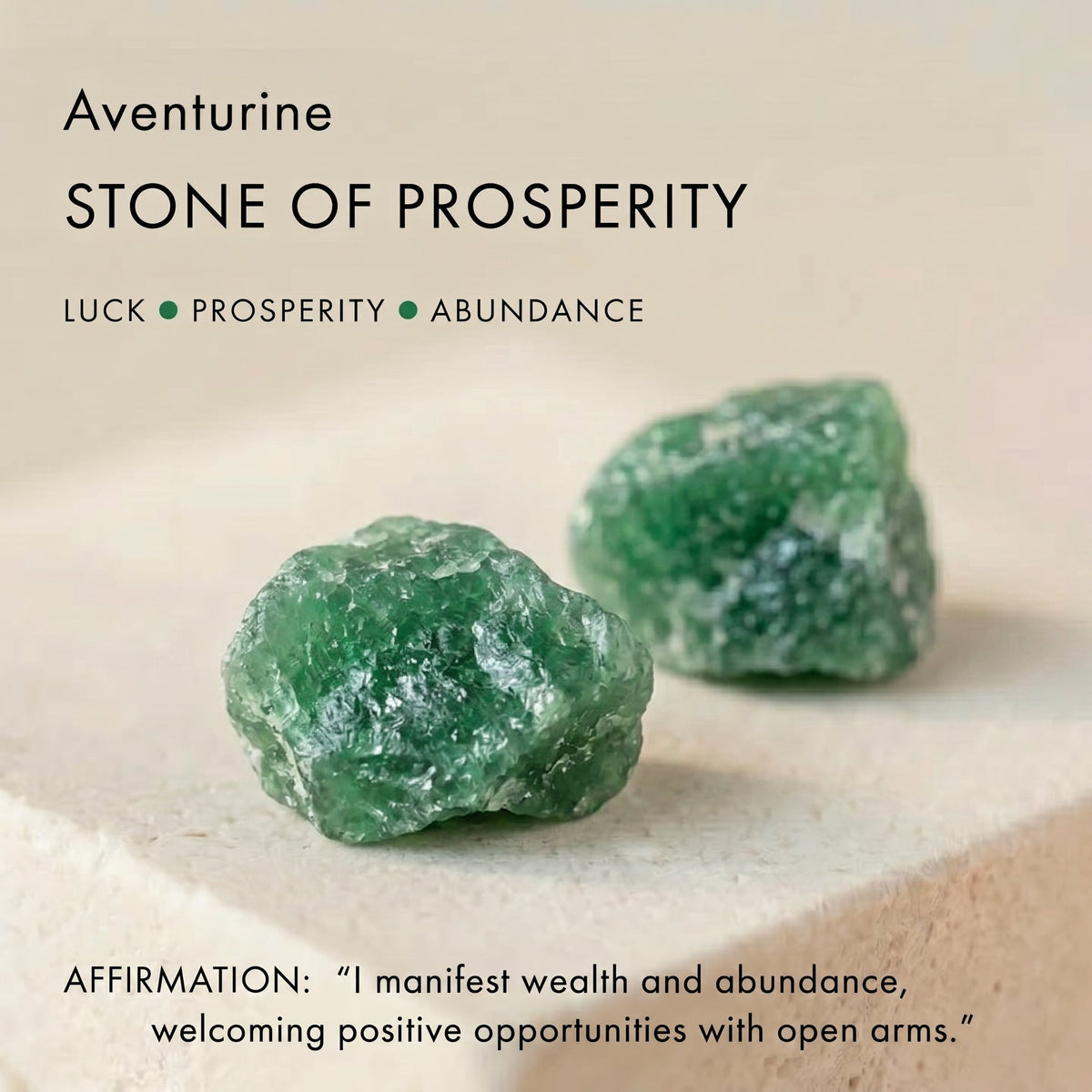 Awakened Time Aventurine Stone of Prosperity graphic featuring raw green aventurine crystals with luck and abundance attributes.
