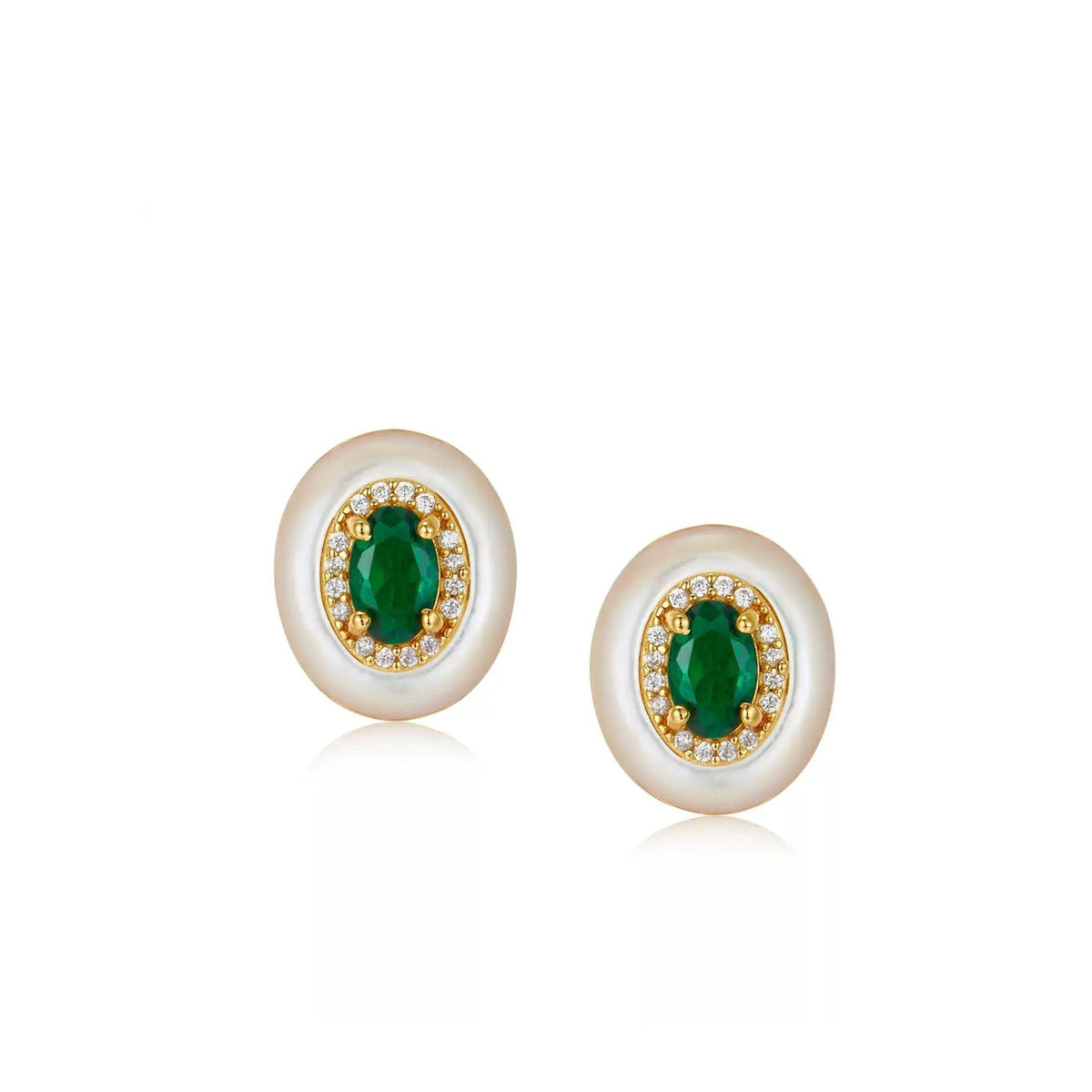 Pair of Awakened Time Halo de Vert stud earrings featuring oval green gemstones surrounded by pavé crystal halos and iridescent mother-of-pearl outer frames on a white background.