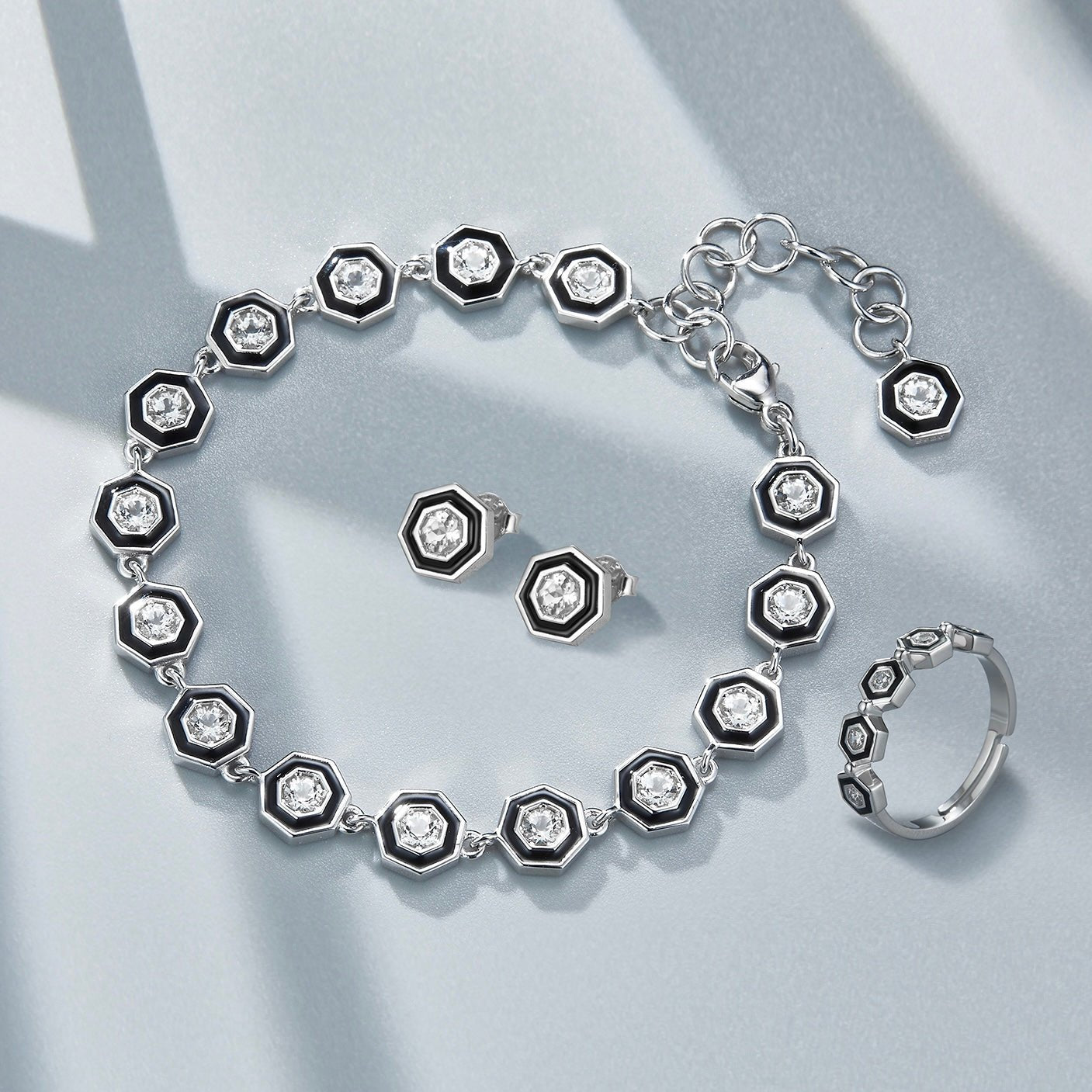 Awakened Time Hexa Noire geometric bracelet featuring natural white topaz in 18ct white gold vermeil on 925 sterling silver.