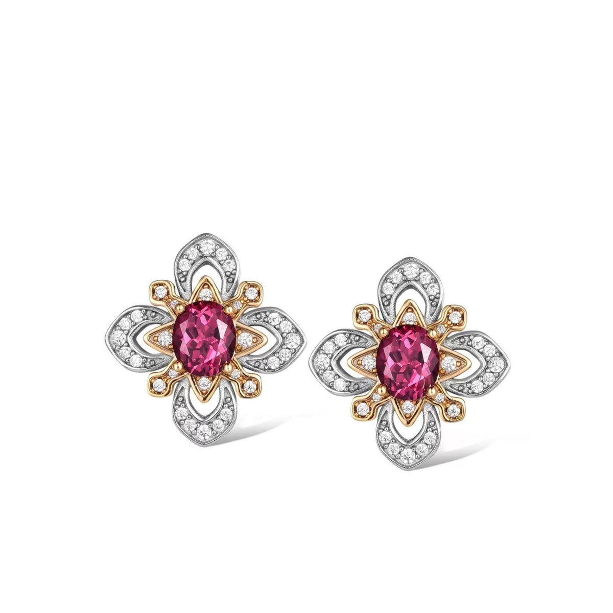 Pair of Awakened Time La Rosa di Firenze two-tone stud earrings featuring oval red garnets encircled by gold petal frames and silver pavé zirconia borders on a white background.