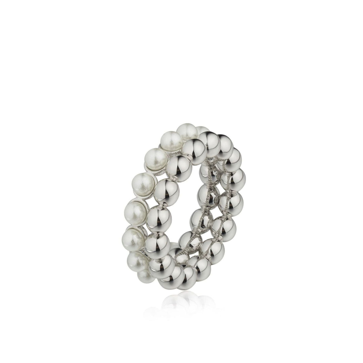 Studio product shot of The Lumière Ring in a white gold-plated finish with shell pearls by Awakened Time.