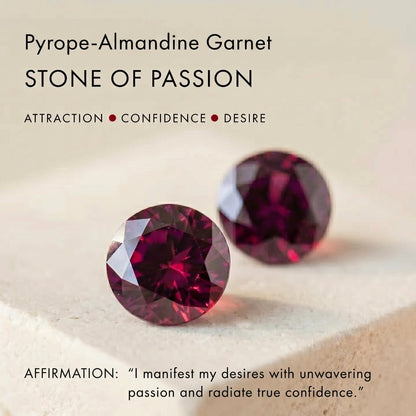 Awakened Time gemstone infographic featuring Pyrope-Almandine garnet as the stone of passion, attraction, confidence, and desire.