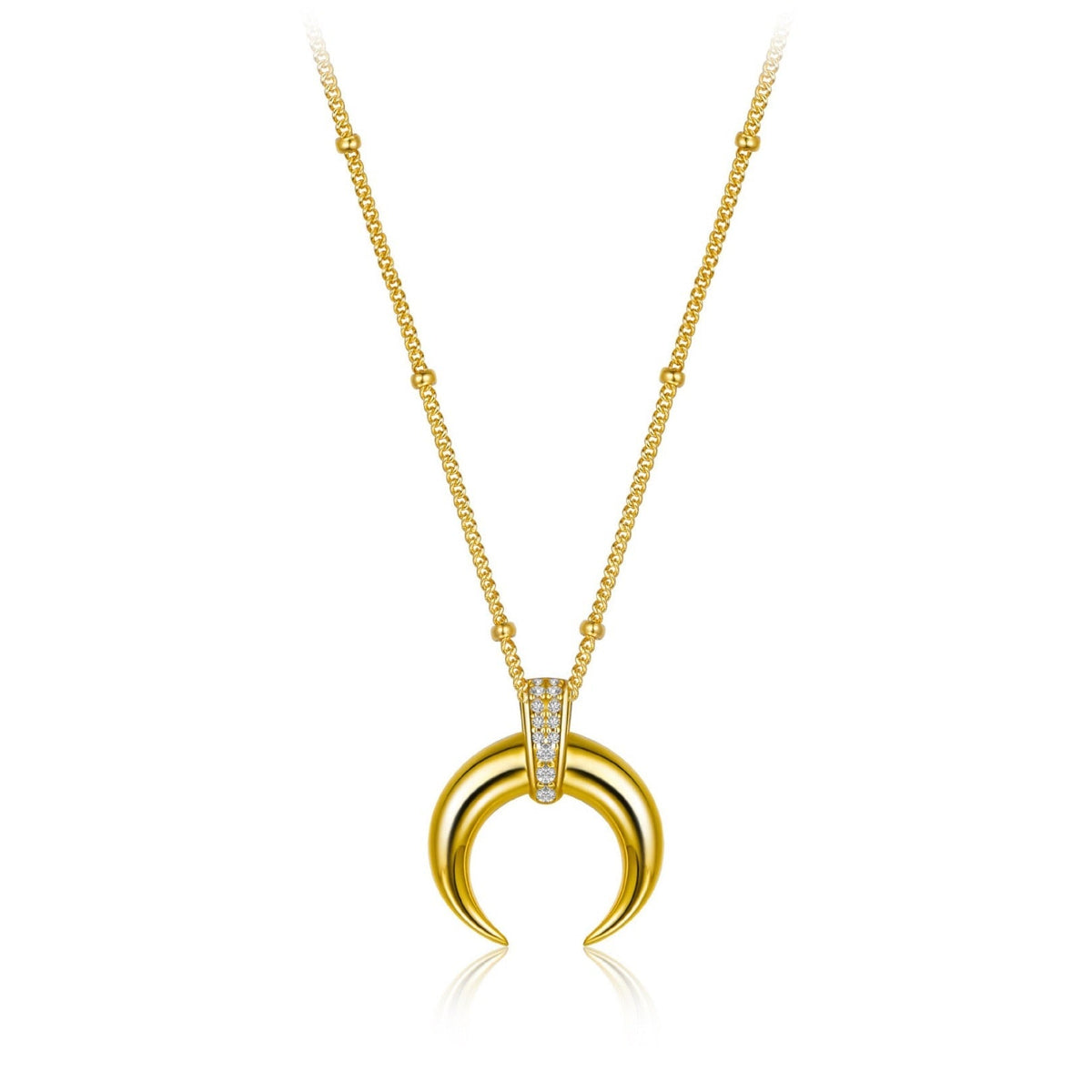 Awakened Time Radiant Horn Necklace featuring a crescent horn pendant with 5A cubic zirconia bail on a gold chain.