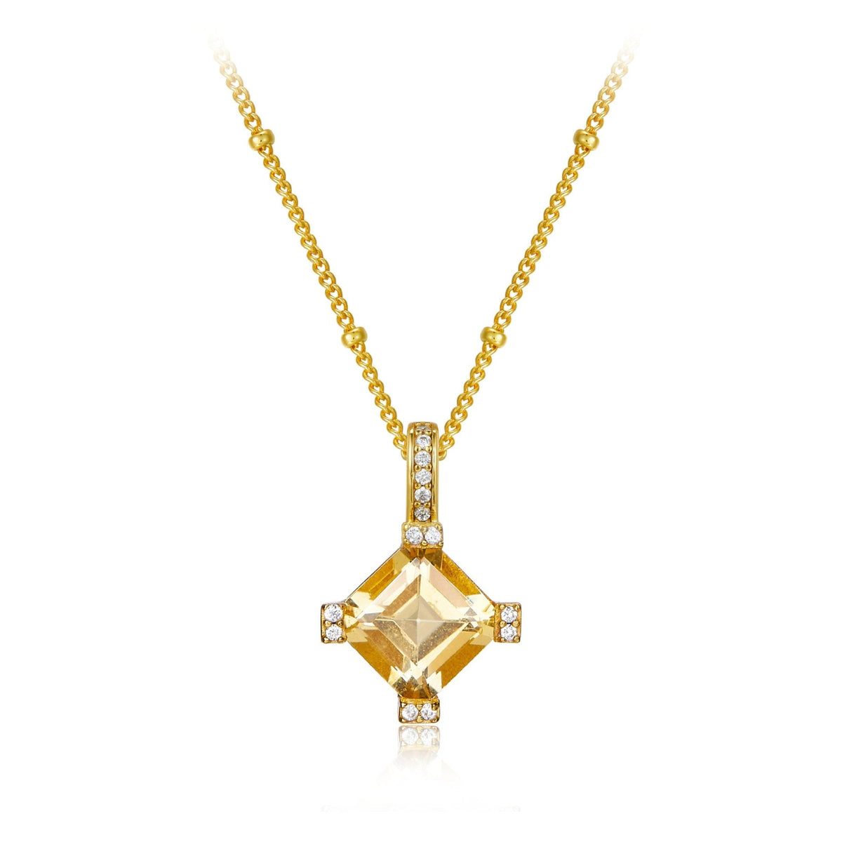 Awakened Time Stellar Frame necklace in 18ct gold vermeil featuring a princess-cut yellow citrine gemstone surrounded by diamond-pave accents on a white background.