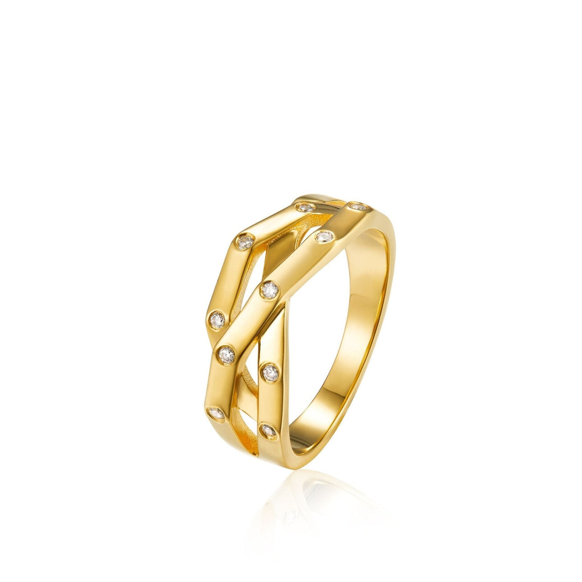 Awakened Time Trinity Orbit Ring crafted in 18ct gold vermeil over sterling silver with 5A cubic zirconia.