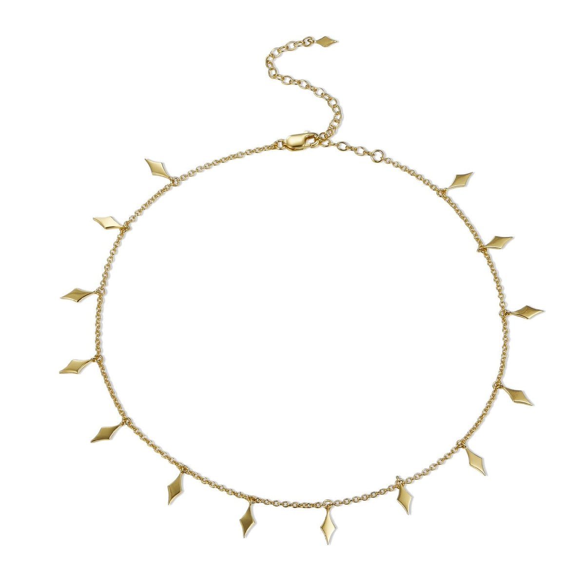 Flat lay view of the Bare Luxe Venus Drip gold necklace showing the chain loop and extender clasp