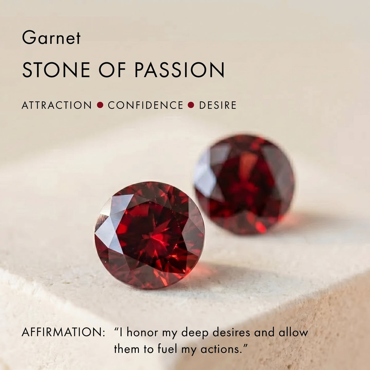 Feature card showcasing deep red garnet gemstones and highlighting its meaning as the stone of passion, attraction, and confidence.