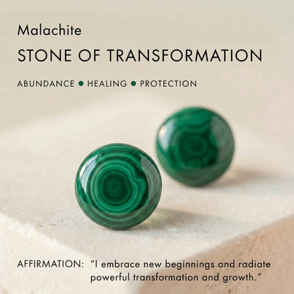 Natural green malachite gemstones with affirmation card detailing its transformation and healing properties