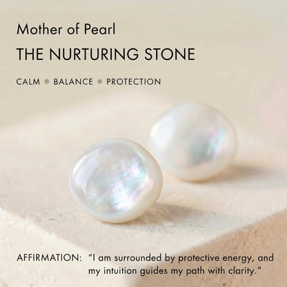 Graphic banner for Mother of Pearl titled The Nurturing Stone displaying attributes Calm, Balance, Protection, and a daily affirmation with iridescence pearls.