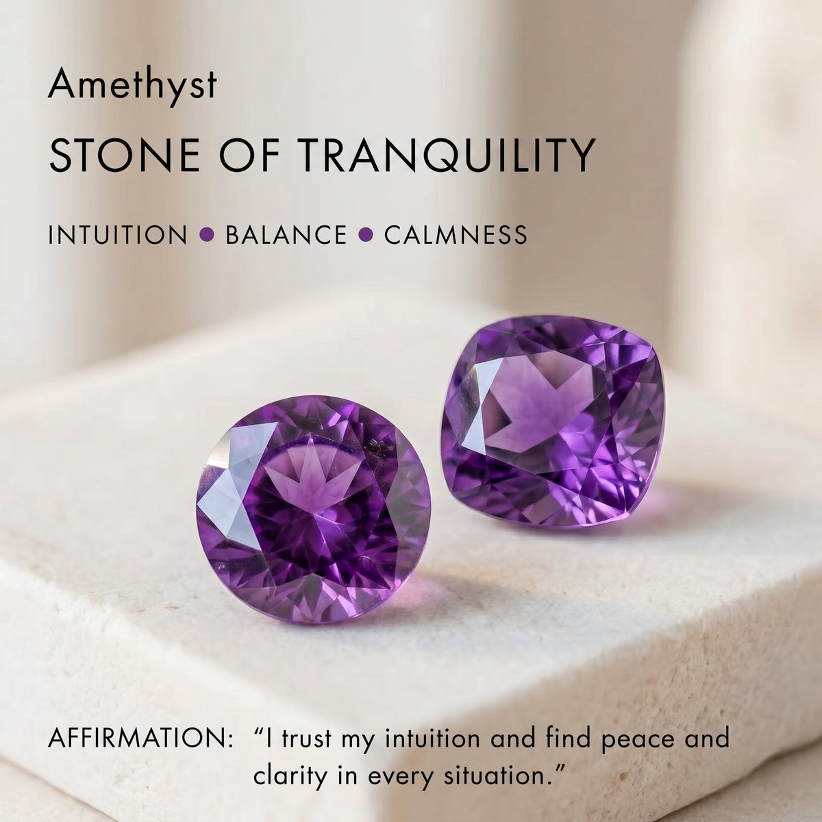 Infographic explaining the properties of natural amethyst, the stone of tranquility, intuition, balance, and calmness.