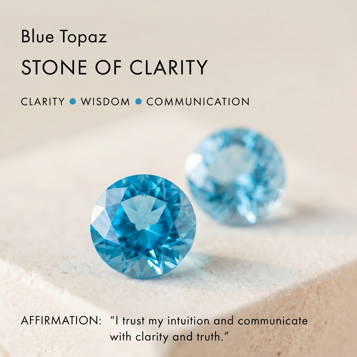 Feature card showcasing blue topaz gemstones and describing it as the stone of clarity, wisdom, and communication.