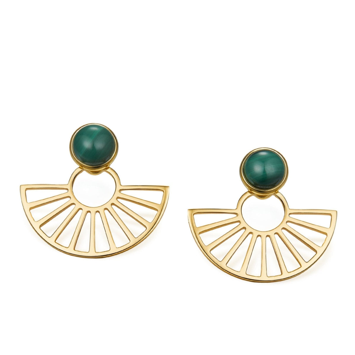 Pair of Zen Fan Earrings in 18k gold vermeil featuring cabochon green malachite stones above openwork fan silhouettes.